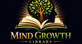 Logo of Mind Growth Library with an open book and tree inside a silhouette head on a dark background.